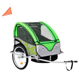 Remorque À Vélo Et Poussette Pour Enfants 2-En-1 Vert Et Gris