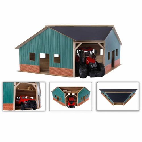 Van Manen 610339 Kids Globe By Toys World - Superbe Hangar Trapézoïdal En Bois Pour Tracteur À L'échelle 1:16.
