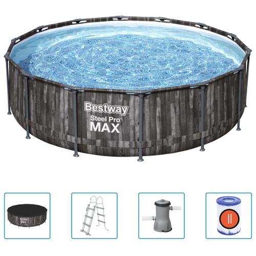 Bestway - Steel Pro MAX - Piscine tubulaire avec pompe de filtration et accessoires - 427x107 cm - Impression sur bois - Ronde