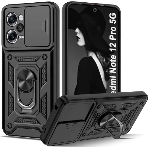 Coque Pour Redmi Note 12 Pro 5g + 2 Vitres Verre Trempé Noir Protège Caméra Coulissant Noir