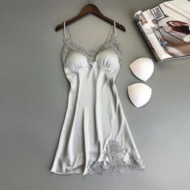 Robe De Nuit En Satin De Soie Pour Femmes,Sexy,Sans Manches,Col En V,Dentelle,Vêtements De Nuit Pour Femmes