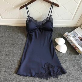 Robe De Nuit En Satin De Soie Pour Femmes,Sexy,Sans Manches,Col En V,Dentelle,Vêtements De Nuit Pour Femmes