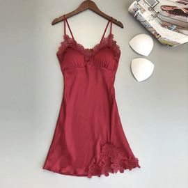 Robe De Nuit En Satin De Soie Pour Femmes,Sexy,Sans Manches,Col En V,Dentelle,Vêtements De Nuit Pour Femmes
