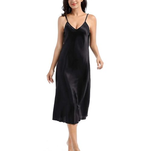 Robe De Nuit Longue En Satin Pour Femme,Col En V,Vêtement De Couleur Unie