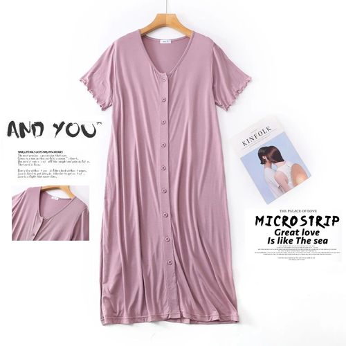 Robe De Nuit Mi-Longue À Manches Courtes En Modal Pour Femmes,Vêtements De Nuit En Y Avec Bouton,Cardigan En Coton,Robe De Nuit Grande Taille