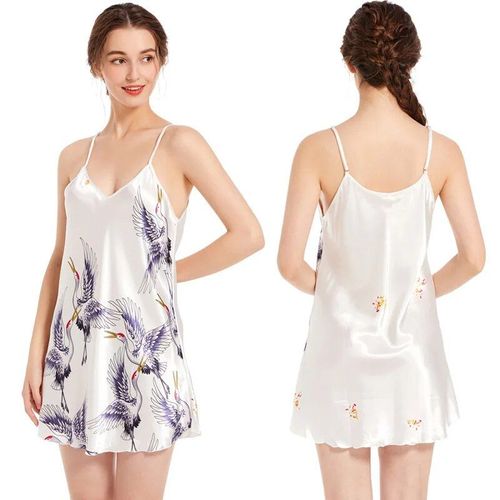 Pyjama En Satin Avec Imprimé Grue Pour Femme,Chemise De Nuit,Col En V,Lingerie Sexy,Bretelles Spaghetti,Cadeau