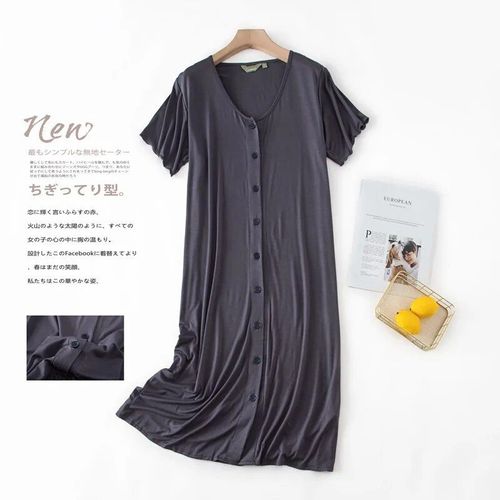 Robe De Nuit Mi-Longue À Manches Courtes En Modal Pour Femmes,Vêtements De Nuit En Y Avec Bouton,Cardigan En Coton,Robe De Nuit Grande Taille