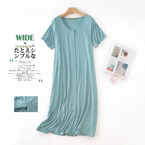 Robe De Nuit Mi-Longue À Manches Courtes En Modal Pour Femmes,Vêtements De Nuit En Y Avec Bouton,Cardigan En Coton,Robe De Nuit Grande Taille