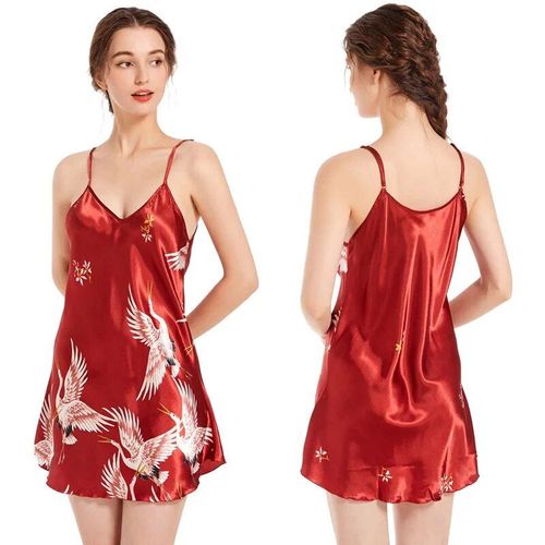 Pyjama En Satin Avec Imprimé Grue Pour Femme,Chemise De Nuit,Col En V,Lingerie Sexy,Bretelles Spaghetti,Cadeau
