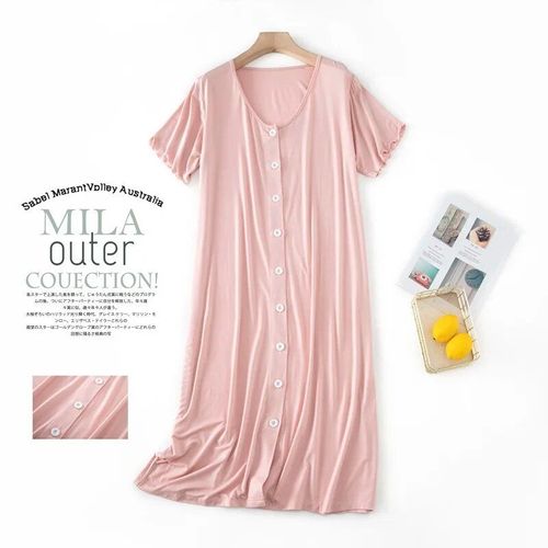 Robe De Nuit Mi-Longue À Manches Courtes En Modal Pour Femmes,Vêtements De Nuit En Y Avec Bouton,Cardigan En Coton,Robe De Nuit Grande Taille