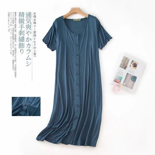 Robe De Nuit Mi-Longue À Manches Courtes En Modal Pour Femmes,Vêtements De Nuit En Y Avec Bouton,Cardigan En Coton,Robe De Nuit Grande Taille
