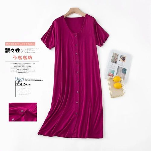 Robe De Nuit Mi-Longue À Manches Courtes En Modal Pour Femmes,Vêtements De Nuit En Y Avec Bouton,Cardigan En Coton,Robe De Nuit Grande Taille