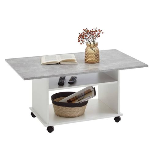 Table Basse À Roulettes 100x60x44 Cm Gris Béton Et Blanc