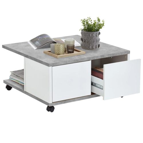 Table Basse Carrée 70 Cm Avec 2 Tiroirs Gris Béton Et Blanc