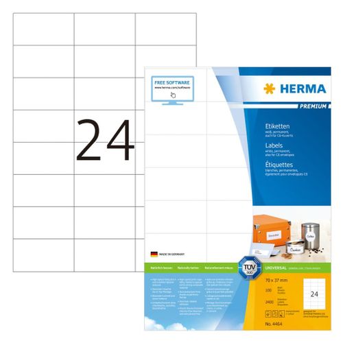 HERMA Premium - Étiquettes en papier plastifiées mates autocollantes permanentes - blanc - 70 x 37 mm 2400 étiquette(s) ( 100 feuille(s) x 24 )