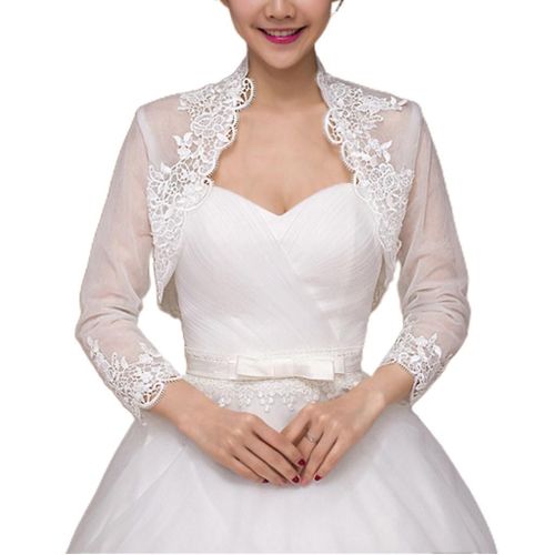 Femmes 3/4 Manches Mariage Pour Veste Cape Broderie Floral Dentelle Trim Wrap Shrug Bolero Soirée Mariée Capelet Cardigan