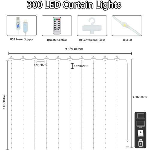 Guirlande Lumineuse-Rideau Lumineux USB 300 LED - 3m*3m - 8 Modes