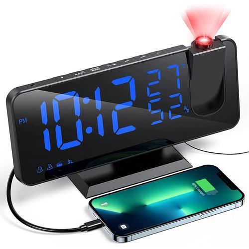 Reveil Projecteur Avec Radio,Horloge Numerique,Reveil Avec Port De Usb,3 Niveaux De Luminosite Reglables,Snooze Et 15 Niveaux De Volume,12/24H,Pour Chambre,Maison,Bureau