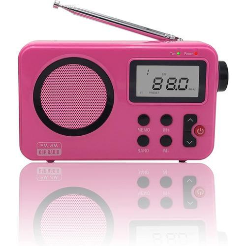 Radio -Ab1904-Fmros/Am-Radio Portable De Bureau,Ecran Lcd Avec Lumiere,Antenne,Haut-Parleur,4 Piles Aa,Câble Dc5V,Rose(Fonction Radio Reveil)