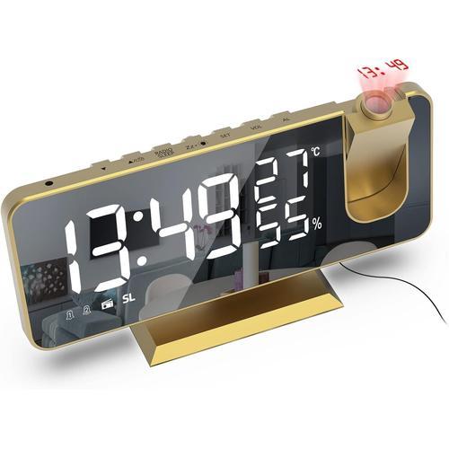 Reveil Projecteur,Radio Reveil Avec Temperature,Humidite,Ecran Led Miroir De 7,5 Pouces,Snooze Double Alarme,4 Luminosite De L'Ecran Avec Fonction De Gradation Automatique,Port De Usb(Or)