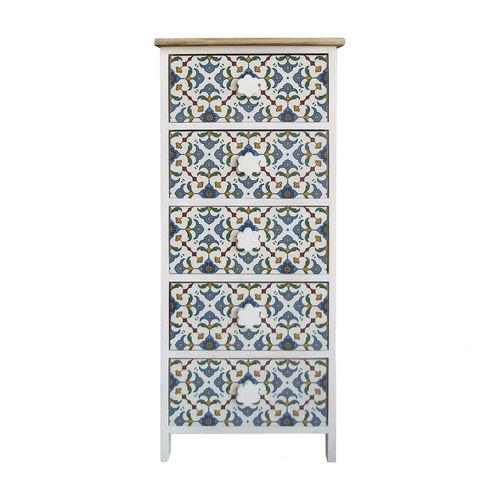 Chiffonnier Avec Motifs 5 Tiroirs En Bois Blanc Et Gris