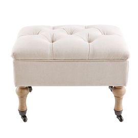 Pouf Coffre Capitonné À Roulettes En Lin Et Coton Écrus
