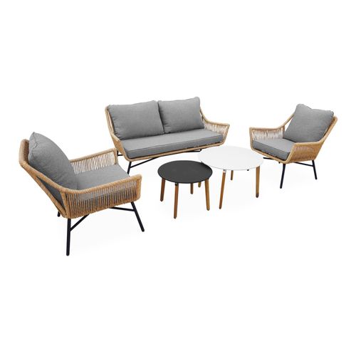Salon De Jardin Bas 4 Places Kuta Ensemble Canapé 2 Places Et 2 Fauteuils Avec 2 Tables Gigognes. Résine Tressée Effet Corde. Coussins Gris Clair Chiné