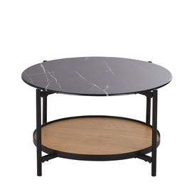 Table Basse Ronde En Verre Trempé Imprimé Imitation Marbre Et Métal Noir D75
