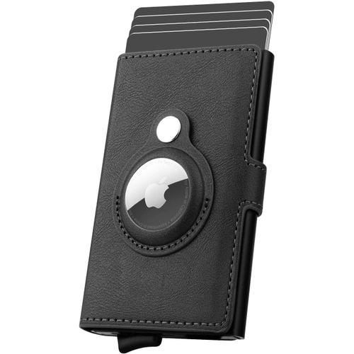 Porte-Cartes de crédit AirTag Wallet pour Hommes, Porte-Cartes en Cuir RFID  bloquant Le boîtier de Carte bancaire en métal Pop Up(Noir)