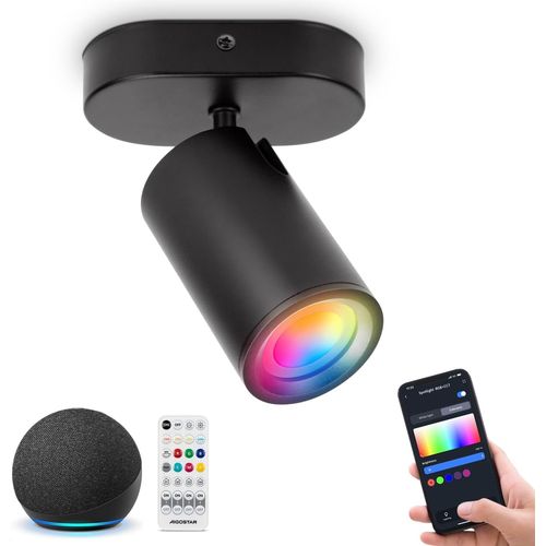 Aigostar Plafonnier Spots Applique Intelligente Gu10, 1 Led Spots De Plafond Couleur Réglable Compatible Avec Alexa, Plafonnier Orientable Noirs Pour Cuisine Chambre Salon (Avec Ampoule Connectée)