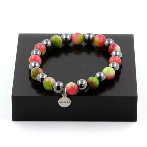 Bracelet Perles Tourmaline Melon D'eau + Hématite 8 Mm. Fabriqué En France.