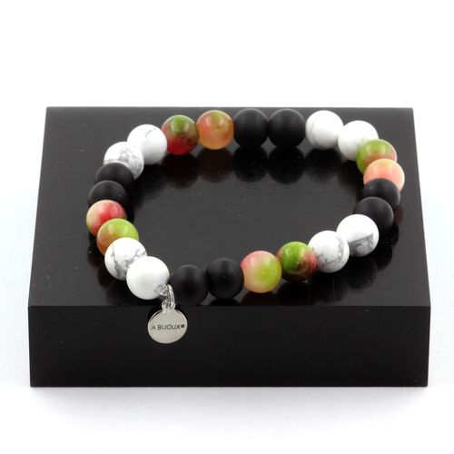 Bracelet Perles Tourmaline Melon D'eau + Howlite + Onyx Noir Mat 8 Mm. Fabriqué En France.