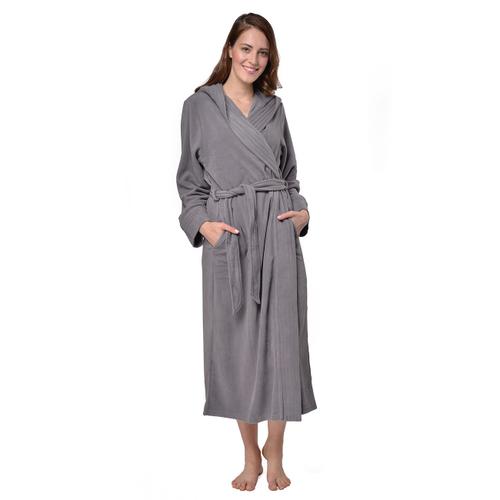 Robe De Chambre Gris 40/42 Longue Micropolaire Polyester Avec Capuche Et Ceinture Ventrale