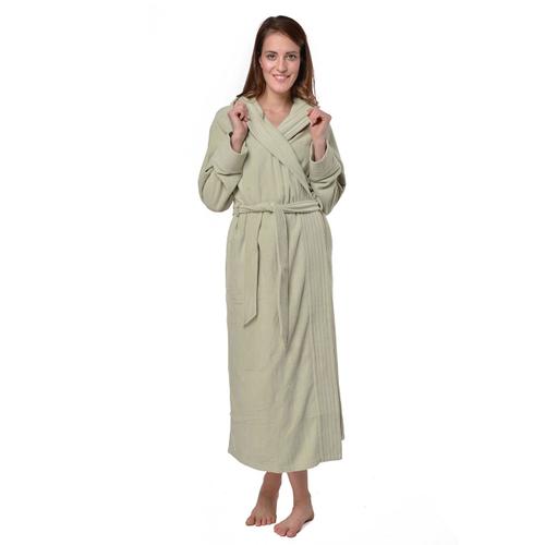 Robe De Chambre Vert 40/42 Longue Micropolaire Polyester Avec Capuche Et Ceinture Ventrale