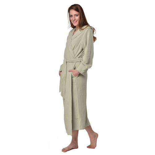 Robe De Chambre Vert 44/46 Longue Micropolaire Polyester Avec Capuche Et Ceinture Ventrale
