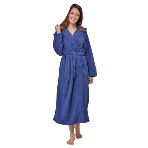 Robe De Chambre Bleu Marine 36/38 Longue Micropolaire Polyester Avec Capuche Et Ceinture Ventrale