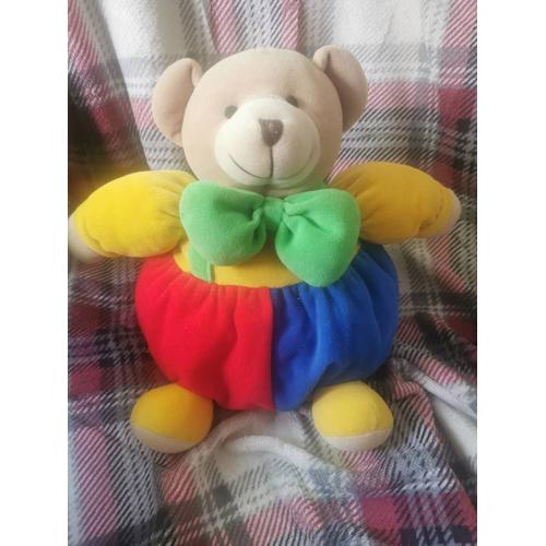 Doudou Peluche Ours Beige Boule Multicolore Bleu Vert Rouge Jaune Noeud Papillon Vert Billes Grelot 28 Cm Priscilla Larsen Jollymex