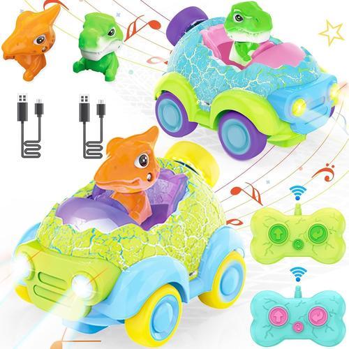 Voiture Télécommandée Enfant, Set De 2 Jouet Dinosaure Enfant, Dinosaure Voiture Telecommandé Enfant, Voiture Telecommandé Enfant Avec Lumières Et Musique, Cadeaux Pour Enfants 2-6 Ans