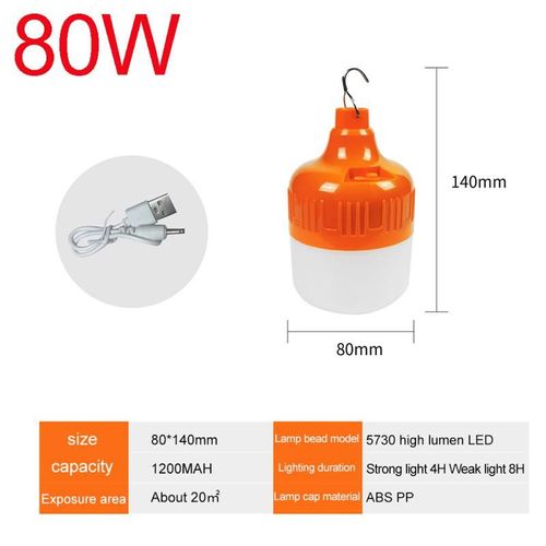 Lumière Blanche - Orange 80w - Ampoules Led Rechargeables Usb Portables, Lampes De Secours, Crochet, Extérieur, Pêche, Camping, Éclairage De Porche