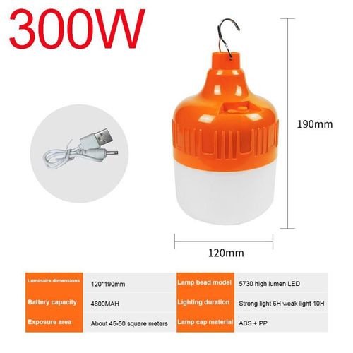 Lumière Blanche - Orange 300w - Ampoules Led Rechargeables Usb Portables, Lampes De Secours, Crochet, Extérieur, Pêche, Camping, Éclairage De Porche