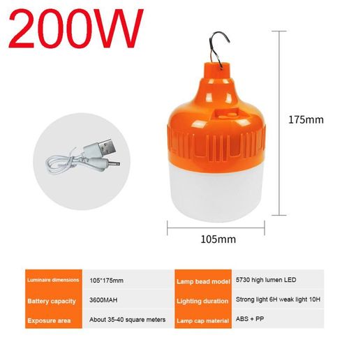 Lumière Blanche - Orange 200w - Ampoules Led Rechargeables Usb Portables, Lampes De Secours, Crochet, Extérieur, Pêche, Camping, Éclairage De Porche