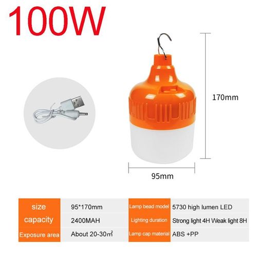 Lumière Blanche - Orange 100w - Ampoules Led Rechargeables Usb Portables, Lampes De Secours, Crochet, Extérieur, Pêche, Camping, Éclairage De Porche