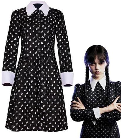 Robe Mercredi Addams, Wednesday Addams Robe Pour Enfants, Party À Thème Mercredi Addams Gothic Costume Black Robe Col Blanc Pour Filles Avec Une Hauteur De 110-160cm