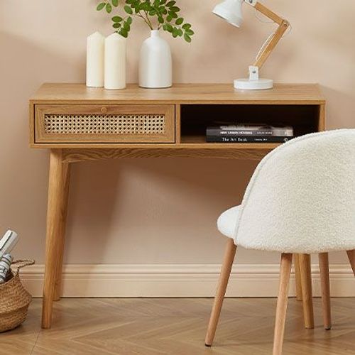 Bureau 1 Tiroir 1 Niche 100x50x80 Cm Avec Cannage Naturel - Lounea