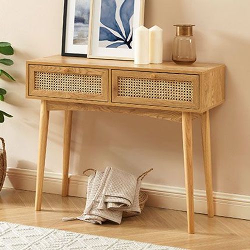 Console 2 Tiroirs 100x35x80 Cm Avec Cannage Naturel - Lounea