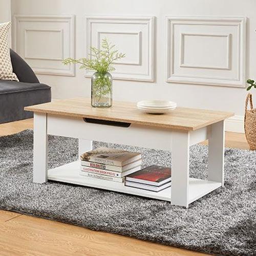 Table Basse 1 Tiroir 96x47x40 Cm Effet Chêne Naturel Et Blanc