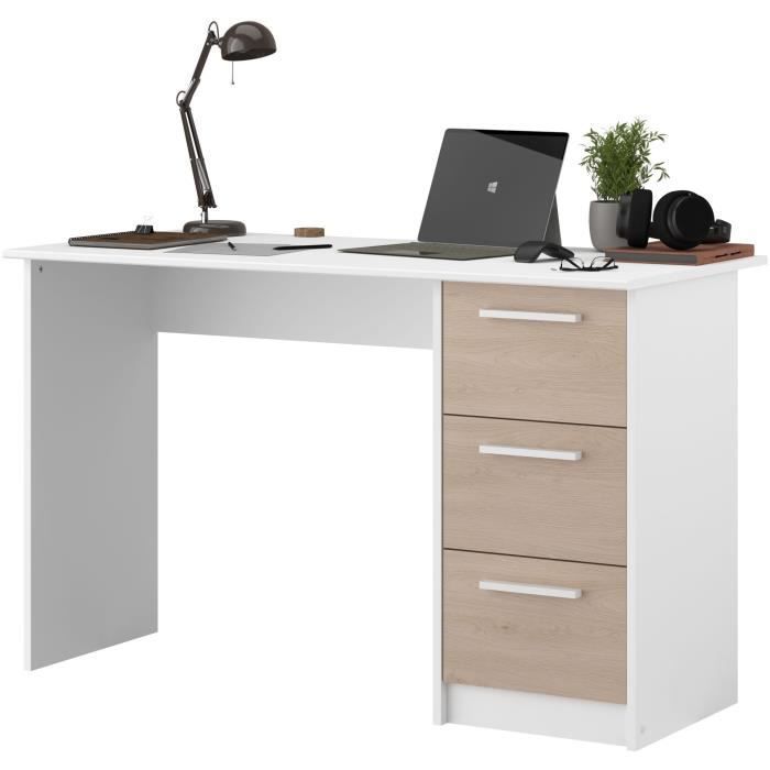 Bureau Essentiel Parisot 3 Tiroirs - Décor Chene Et Blanc - L 121,2 X P 55 X H 74,5 Cm - Fabriqué En France