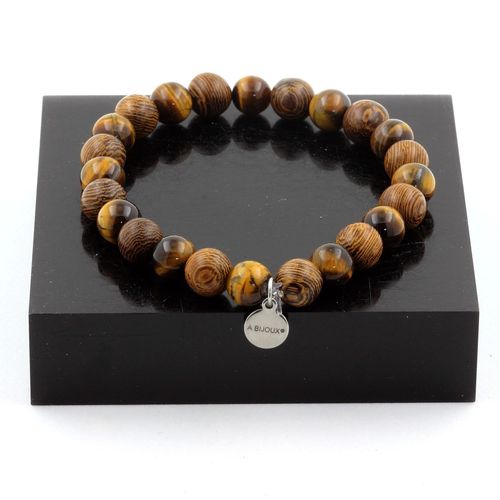 Bracelet Perles Oeil De Tigre + Bois 8 Mm. Fabriqué En France.