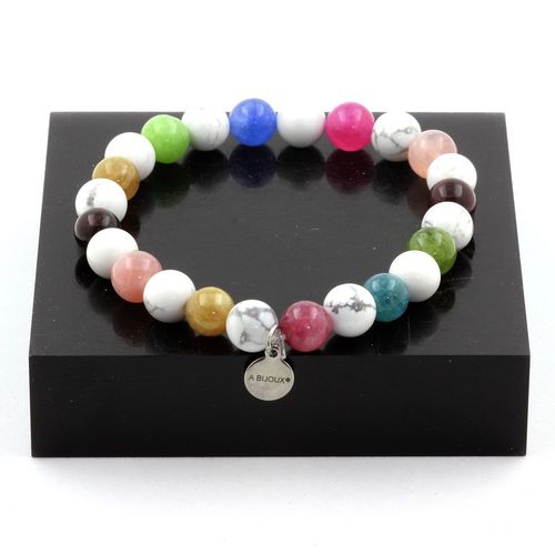 Bracelet Perles Tourmaline Multicolore + Howlite 8 Mm. Fabriqué En France.