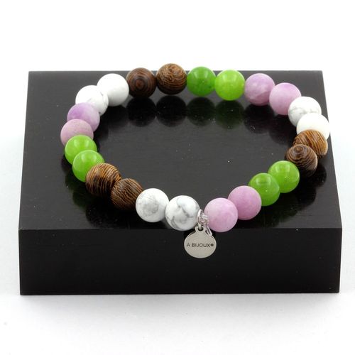 Bracelet Perles Péridot + Mica Violet Mat + Howlite + Bois 8 Mm. Fabriqué En France.